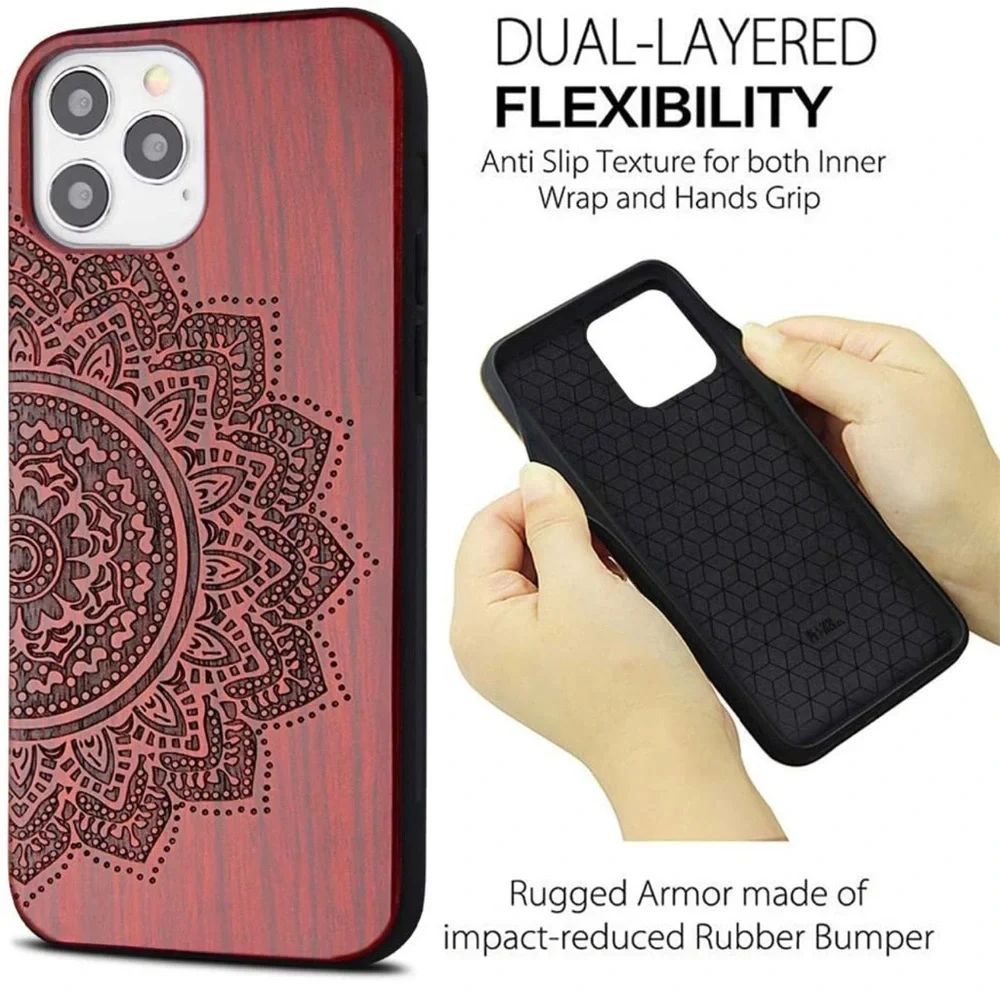 Wood Engraved Case Slim Protective Cover Bumper Case for Apple iPhone 12/12 Pro - Picture 5 of 11